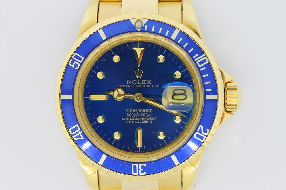 Rolex 18k Yellow Gold Blue Submariner 1680 with Box