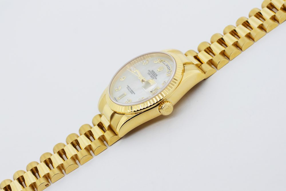 Rolex 18k Yellow Gold Day-Date White Mother of Pearl Factory Diamond Dial 118238 with Box & Card