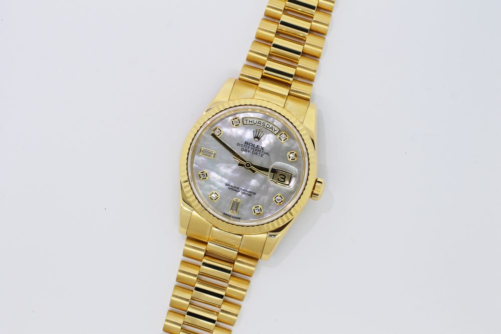 Rolex 18k Yellow Gold Day-Date White Mother of Pearl Factory Diamond Dial 118238 with Box & Card