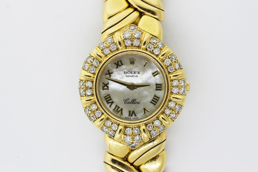 Rolex 18k Yellow Gold Cellini Factory Diamond & Factory White Mother of Pearl Roman Dial with Box & Booklets