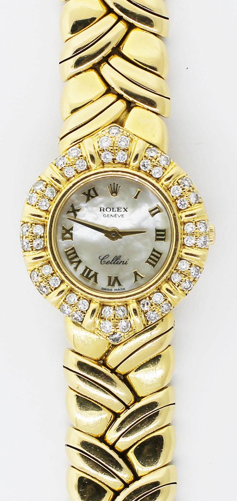 Rolex 18k Yellow Gold Cellini Factory Diamond & Factory White Mother of Pearl Roman Dial with Box & Booklets
