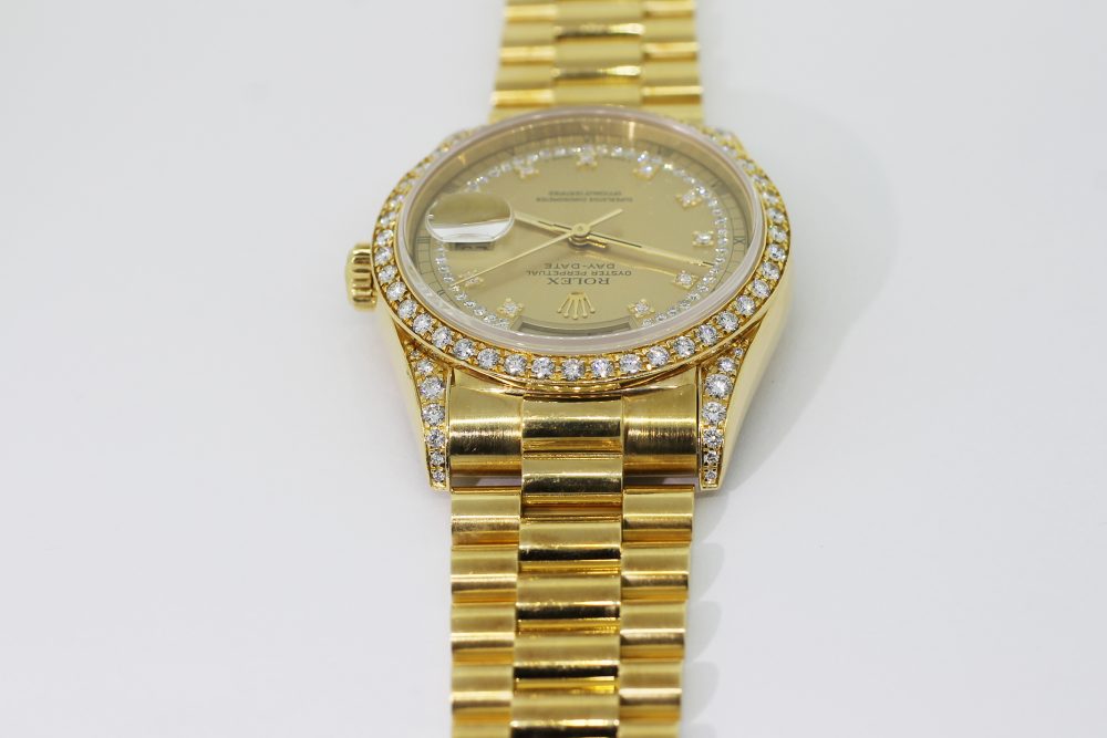 Rolex 18k Yellow Gold Day-Date Factory Diamond Bezel Factory Diamond Dial 18388 with Box & Booklets