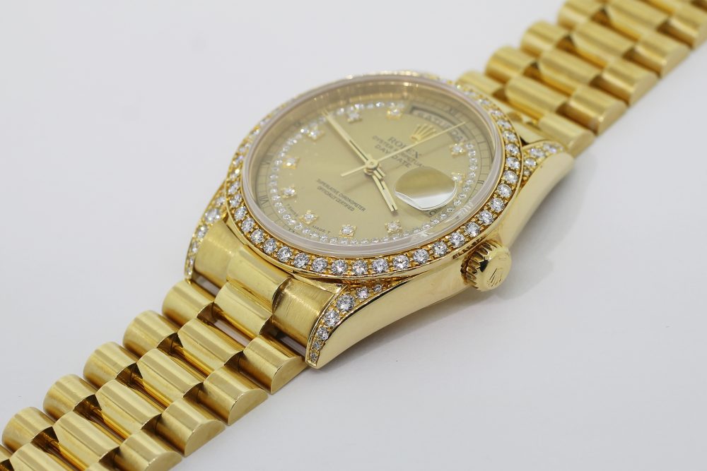 Rolex 18k Yellow Gold Day-Date Factory Diamond Bezel Factory Diamond Dial 18388 with Box & Booklets