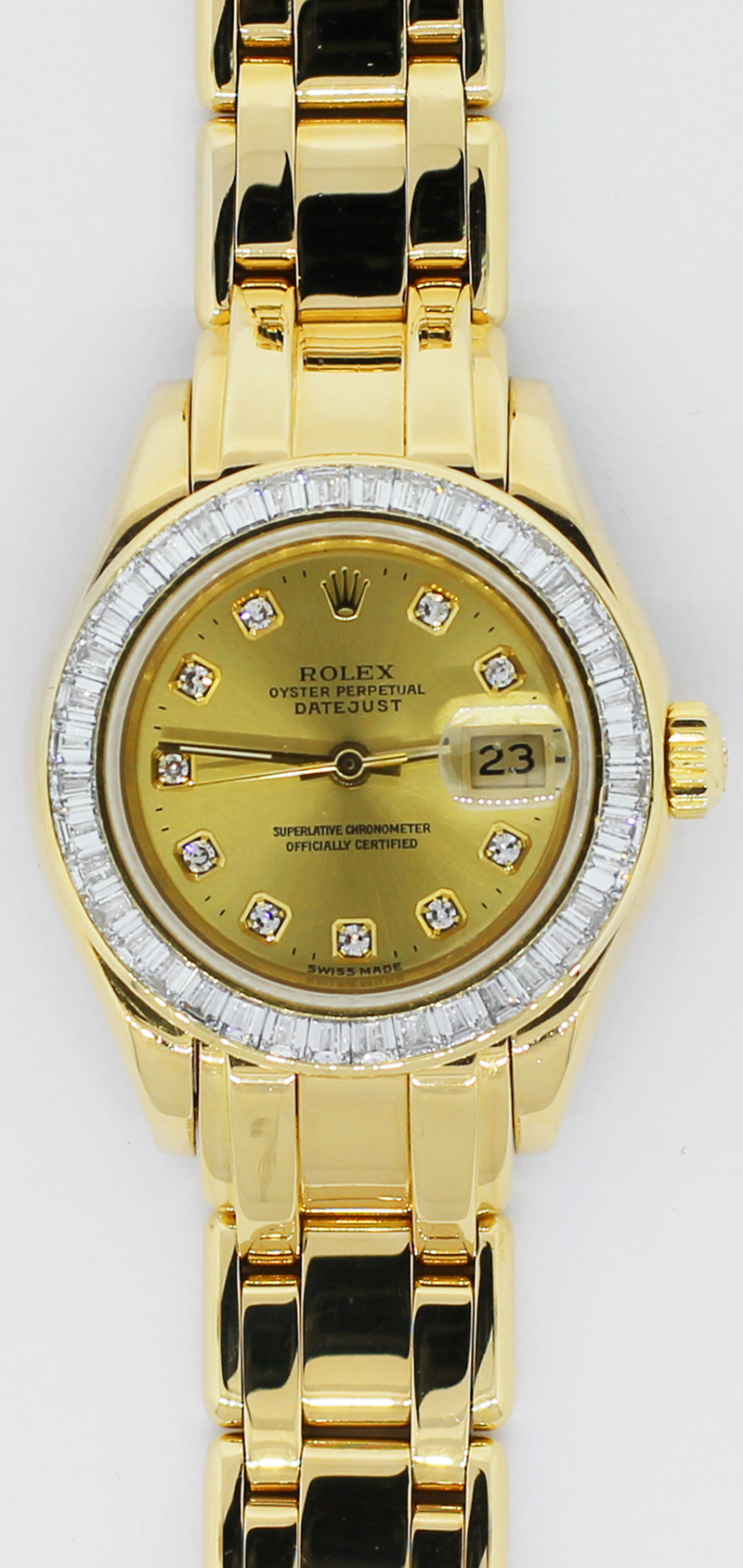 Rolex 18k Yellow Gold Masterpiece Full Factory Emerald Cut Diamond Bezel Factory Champagne Diamond Dial Model 69308 Complete with Box & Papers