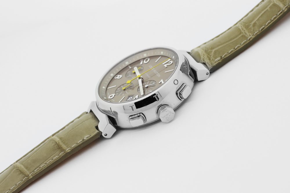 Louis Vuitton Steel Grey Dial Tambour Chronograph Q1122 on Strap