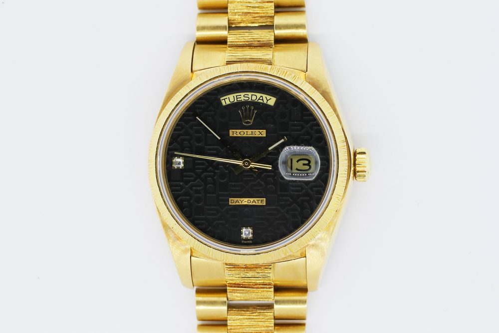 Rolex 18k Yellow Gold Bark Day-Date Factory Black Jubliee Diamond Dial 18078  with Box & Papers