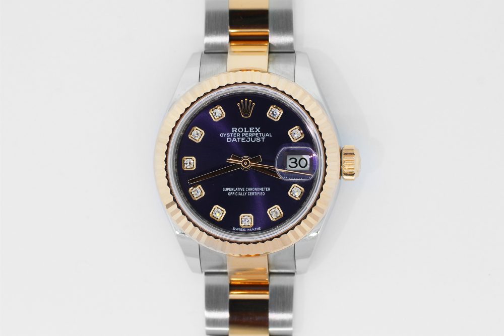 Rolex 18k Rose Gold & Steel Datejust Factory Aubergine Diamond Dial Model 279171 with Box & Card