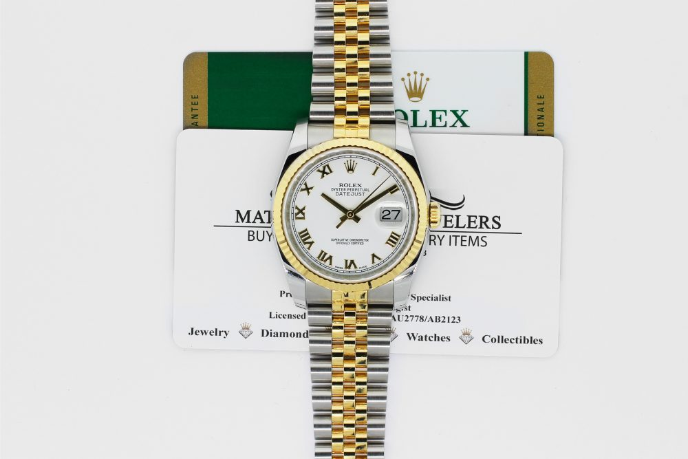 Rolex Two-Tone  Datejust White Dial Bold Yellow Gold Roman Numeral 116233 with Box & Card
