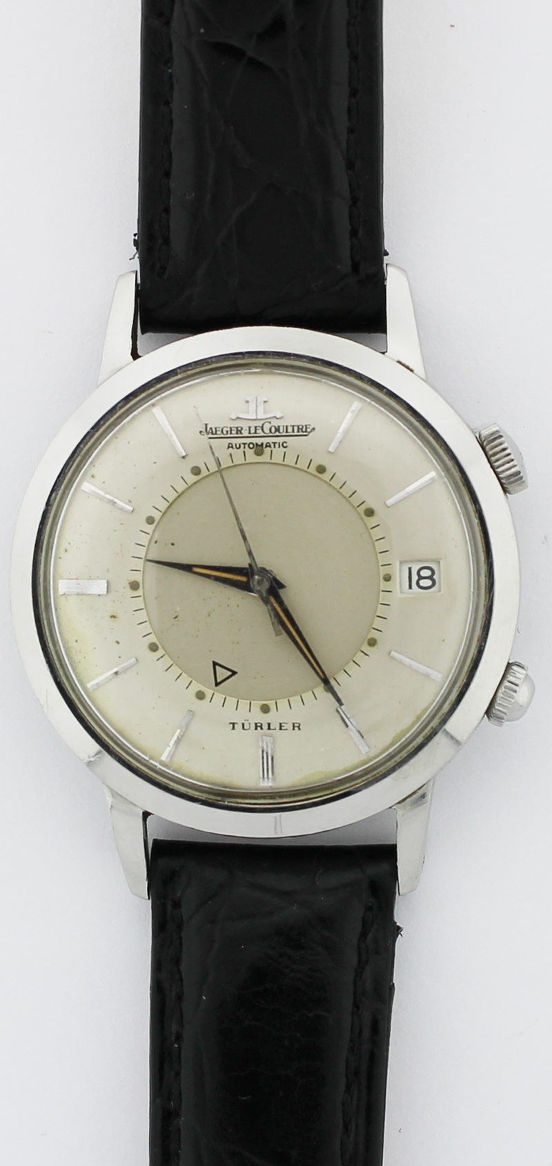 Vintage Jaeger LeCoultre Steel Memovox Double Signed "TURLER" Alarm Watch