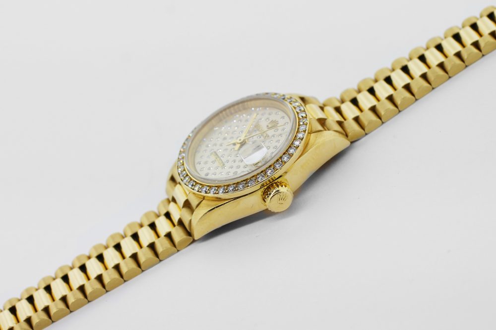 Rolex 18k Yellow Gold President with Factory Diamond Bezel and Factory Diamond Dial Model 69138 with Box & Booklets