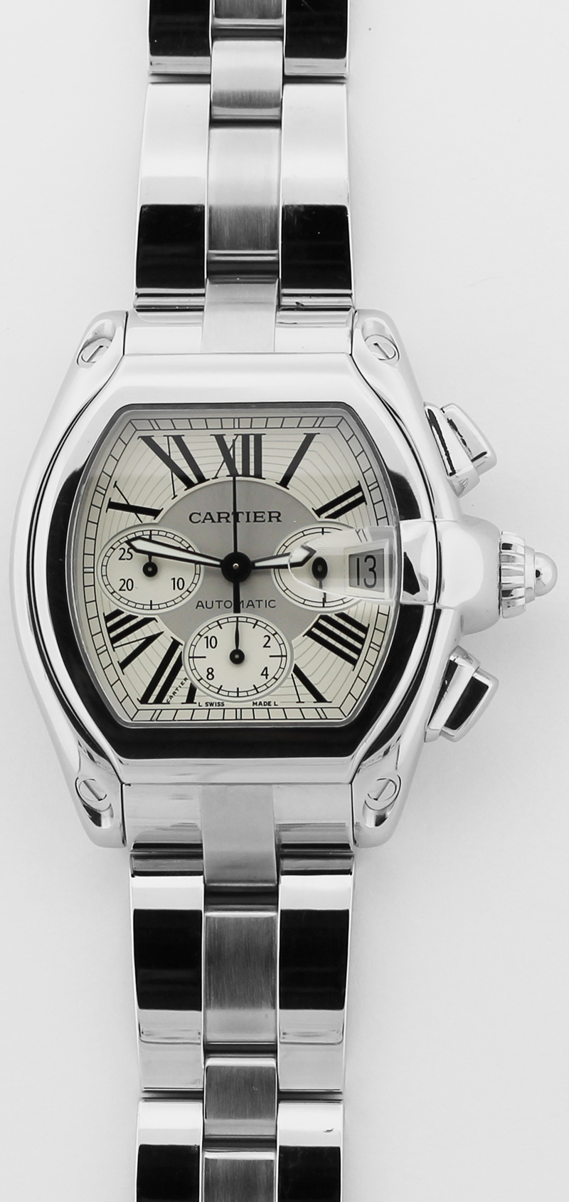 Cartier Steel Roadster White Dial Chronograph W62019X6 with Box & Booklets