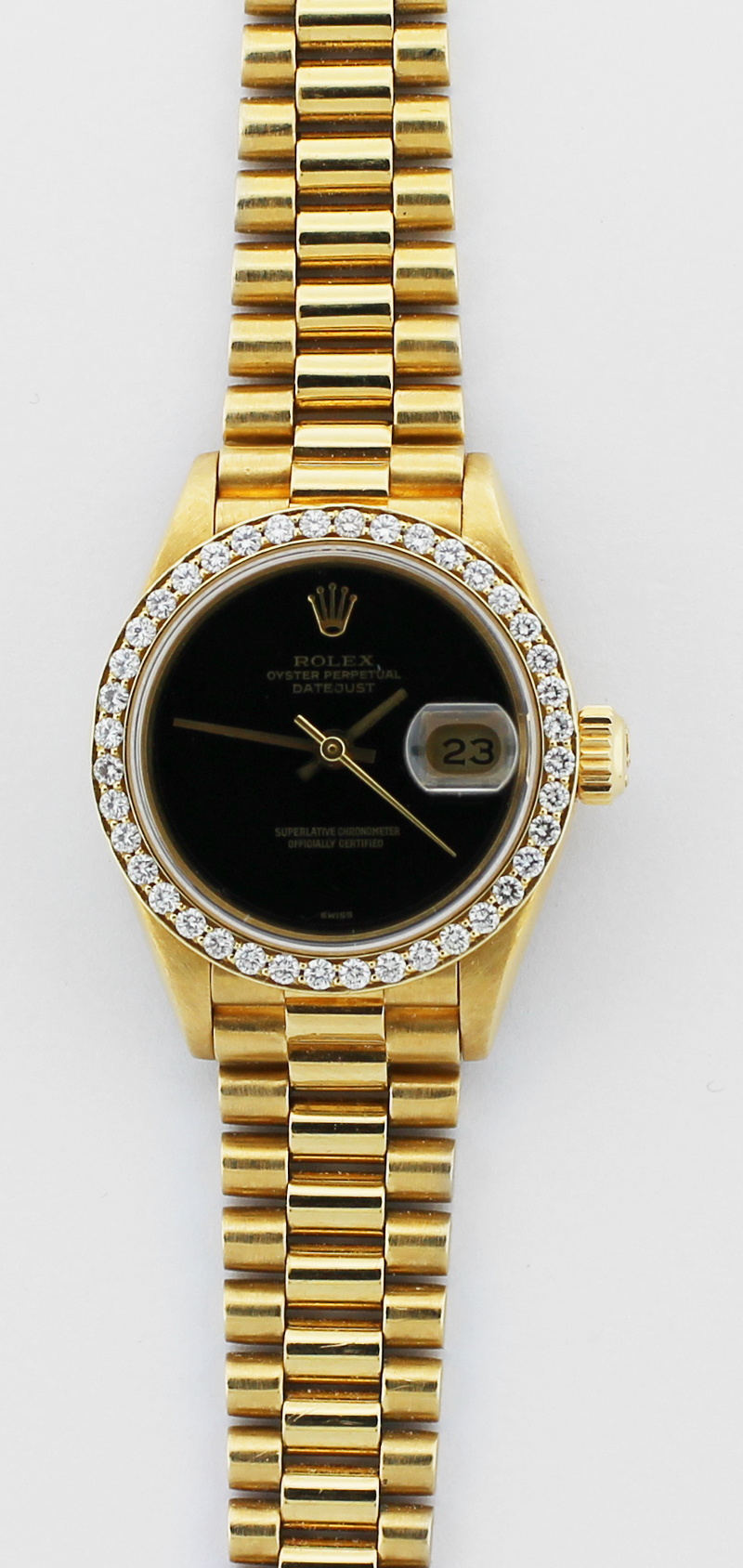 Rolex 18k Yellow Gold President with Custom Diamond Bezel and Black Onyx Dial Model 69178 Complete with Box & Papers