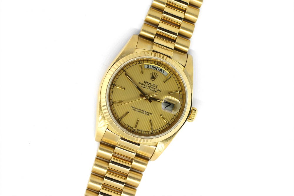 Rolex 18k Yellow Gold Tapestry Dial 18038 with Box & Booklets