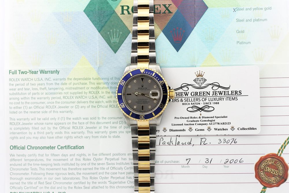 Rolex Two Tone Submariner Slate Serti Diamond & Sapphire Dial 16613 with Box & Paper