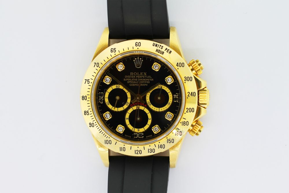 Rolex 18k Yellow Gold Daytona Black Factory Diamond Dial with Zenith Caliber Movement 16528 on Rolex Oyster Flex Rubber Strap with Box & Booklets