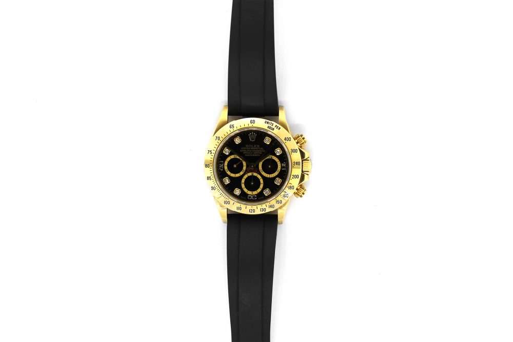 Rolex 18k Yellow Gold Daytona Black Factory Diamond Dial with Zenith Caliber Movement 16528 on Rolex Oyster Flex Rubber Strap with Box & Booklets