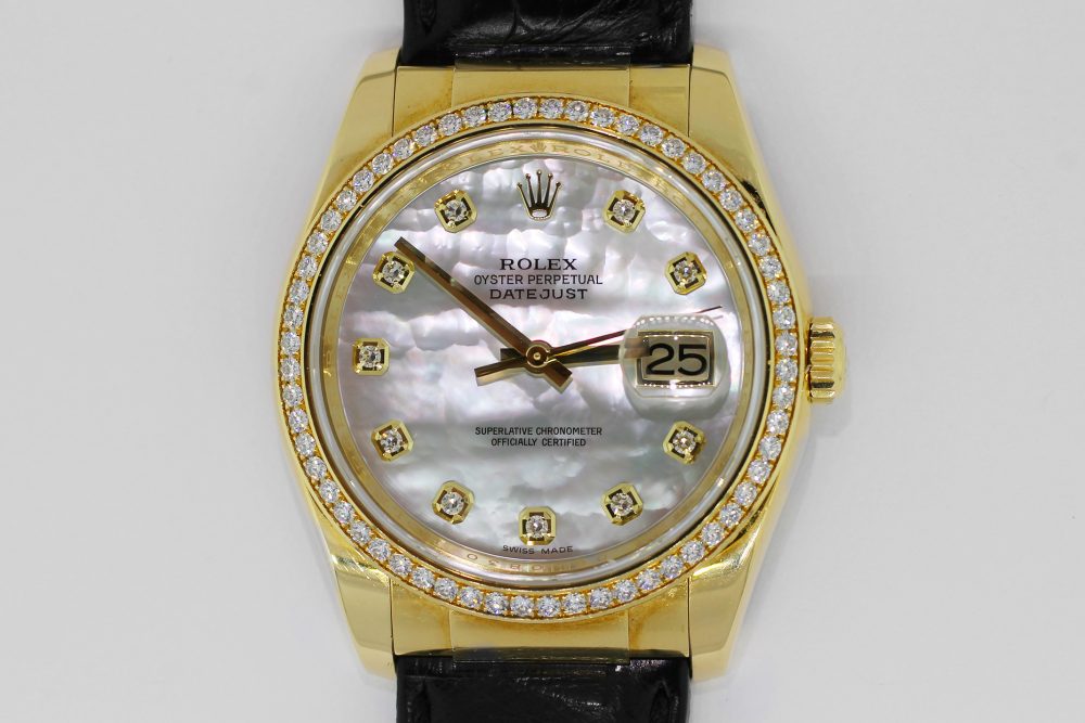 Rolex 18k Yellow Gold Datejust White Mother of Pearl Diamond Dial 116188 with Box & Booklets