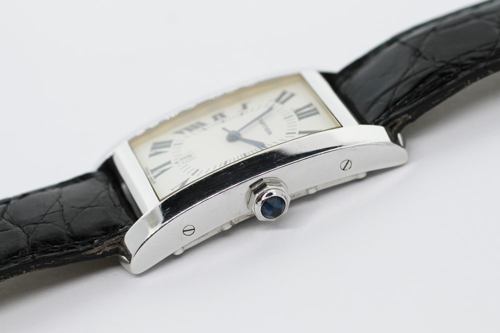 Cartier 18k White Gold Manual Wind Tank Americaine on Strap with Folding 18k White Gold Clasp