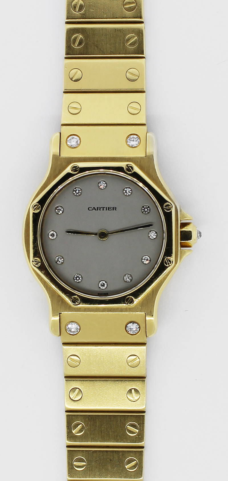 Cartier 18k Yellow Gold Quartz Santos Octagonal Factory Diamond Dial & Lugs on Screw Link Bracelet