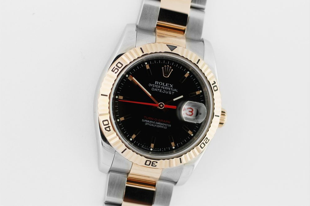 Rolex Two Tone Steel & Rose Gold Turn O Graph Datejust Black Dial 116261 with Box & Booklets