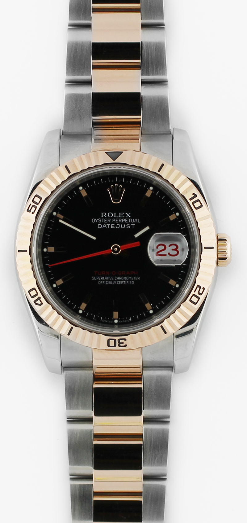 Rolex Two Tone Steel & Rose Gold Turn O Graph Datejust Black Dial 116261 with Box & Booklets