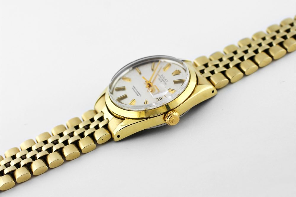 Vintage Rolex Gold Filled Yellow Gold Date with Rare Silver Brick Dial 1550 on Jubliee Bracelet