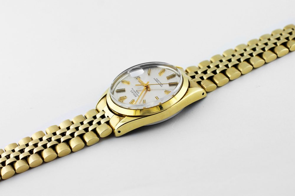 Vintage Rolex Gold Filled Yellow Gold Date with Rare Silver Brick Dial 1550 on Jubliee Bracelet