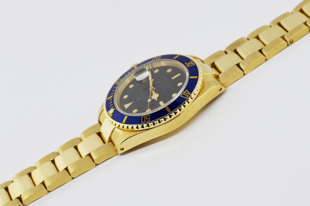 Rolex 18k Yellow Gold Blue Submariner 16808 with Box & Booklets