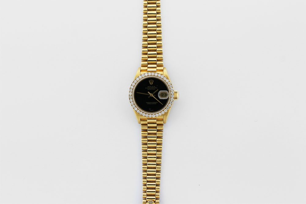 Rolex 18k Yellow Gold President with Diamond Bezel and Black Onyx Dial Model 69178 with Box & Paper