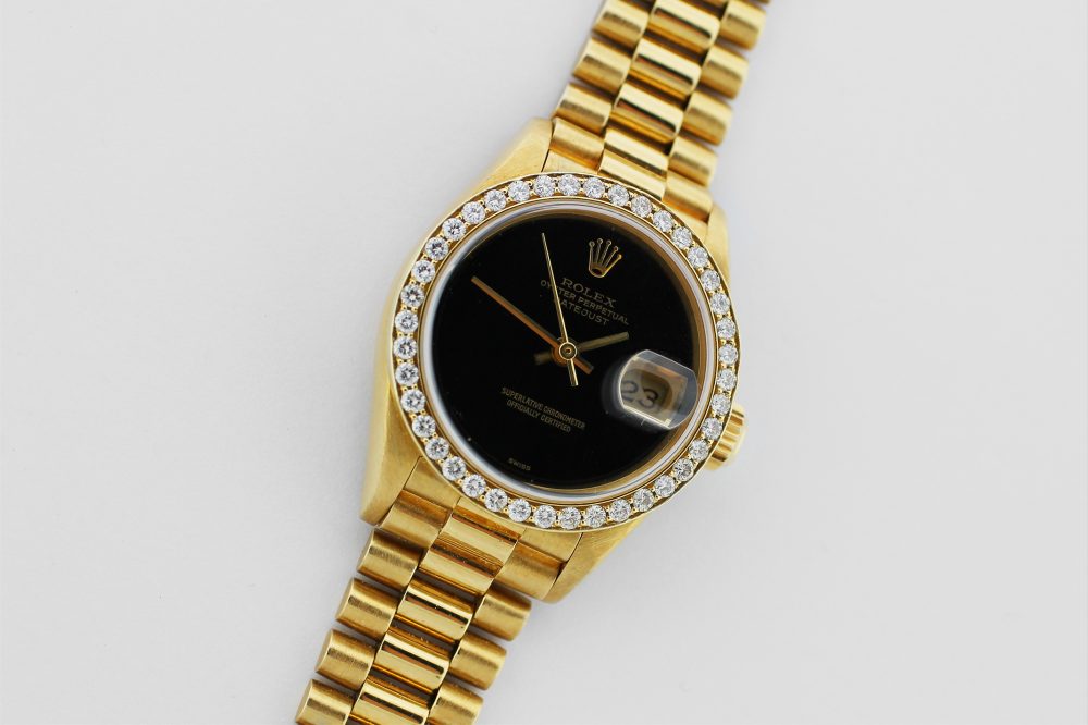 Rolex 18k Yellow Gold President with Diamond Bezel and Black Onyx Dial Model 69178 with Box & Paper