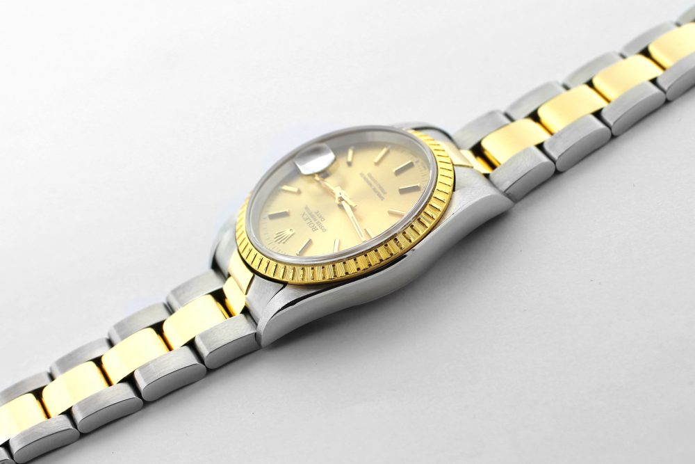 Rolex 18k Yellow Gold & Stainless Steel Date with Champagne Dial 15223 on Jubilee Bracelet Complete with Box & Papers