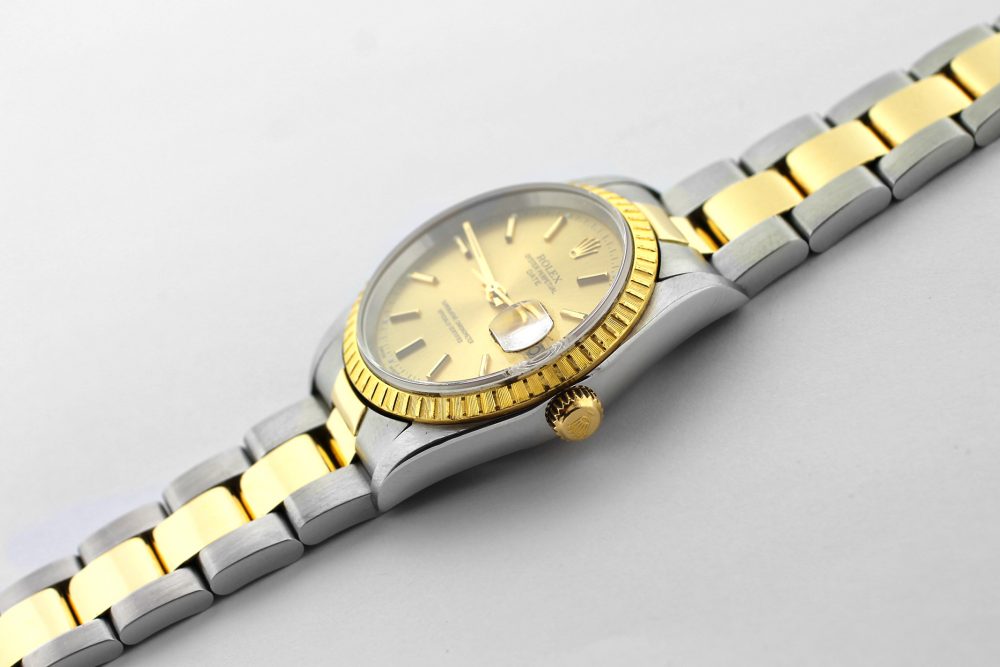 Rolex 18k Yellow Gold & Stainless Steel Date with Champagne Dial 15223 on Jubilee Bracelet Complete with Box & Papers