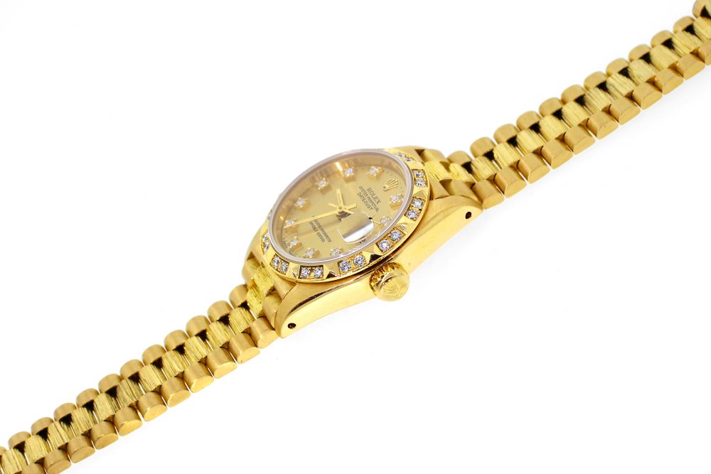 Rolex 18k Yellow Gold President with Factory Diamond Bezel and Factory Diamond Dial Model 69278 with Box & Booklets