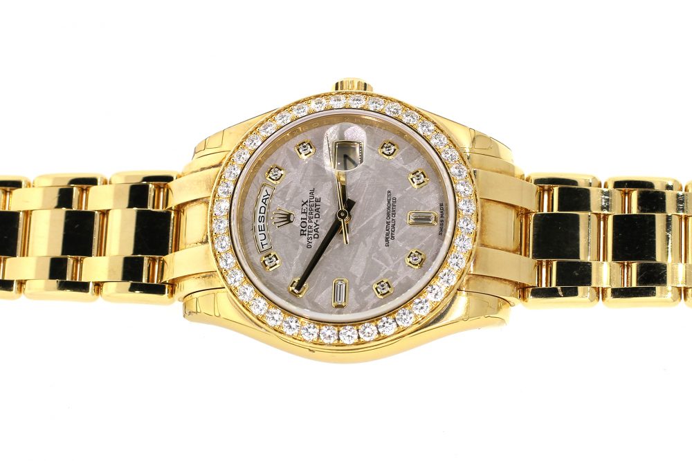 Unworn Rolex 18k Yellow Gold Meteorite Diamond Dial 39MM Day-Date Masterpiece with Factory Diamond Bezel & Rolex Factory Stickers 18948 with Box & Booklets