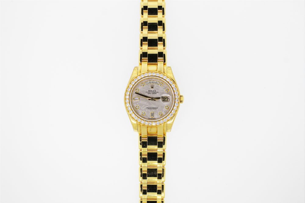 Unworn Rolex 18k Yellow Gold Meteorite Diamond Dial 39MM Day-Date Masterpiece with Factory Diamond Bezel & Rolex Factory Stickers 18948 with Box & Booklets