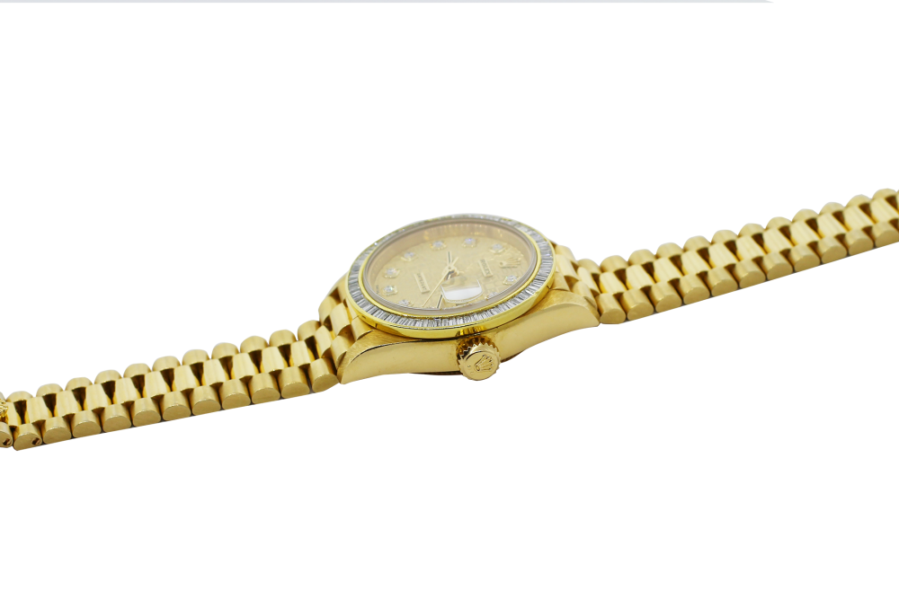 Rolex 18k Yellow Gold President with Factory Diamond Dial with Custom Baguette Bezel Model 79178 with Box & Booklets