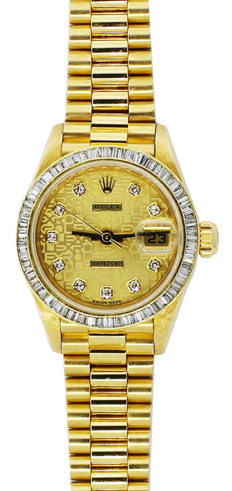 Rolex 18k Yellow Gold President with Factory Diamond Dial with Custom Baguette Bezel Model 79178 with Box & Booklets