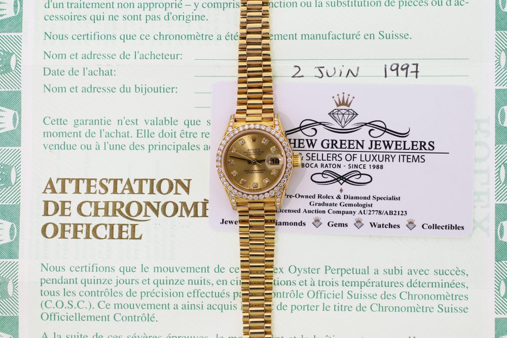 Rolex 18k Yellow Gold President with Factory Diamond Bezel, Dial & Lugs Model 69158 with Box & Paper