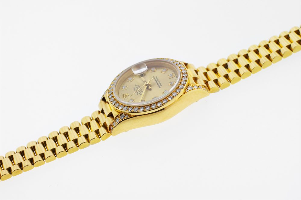 Rolex 18k Yellow Gold President with Factory Diamond Bezel, Dial & Lugs Model 69158 with Box & Paper