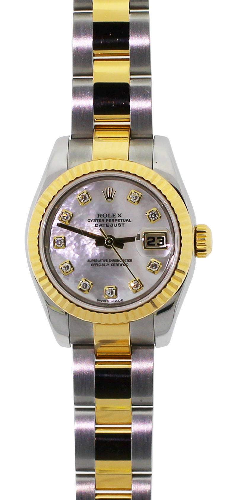 Rolex Two-Tone Datejust White Mother Of Pearl Diamond Dial Model 179173 with Box & Booklets