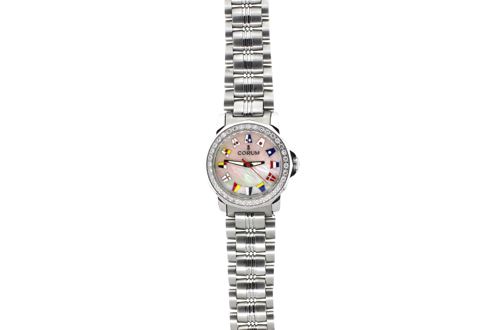 Corum Steel Admirals Cup with White Mother of Pearl Dial & Factory Diamond Bezel